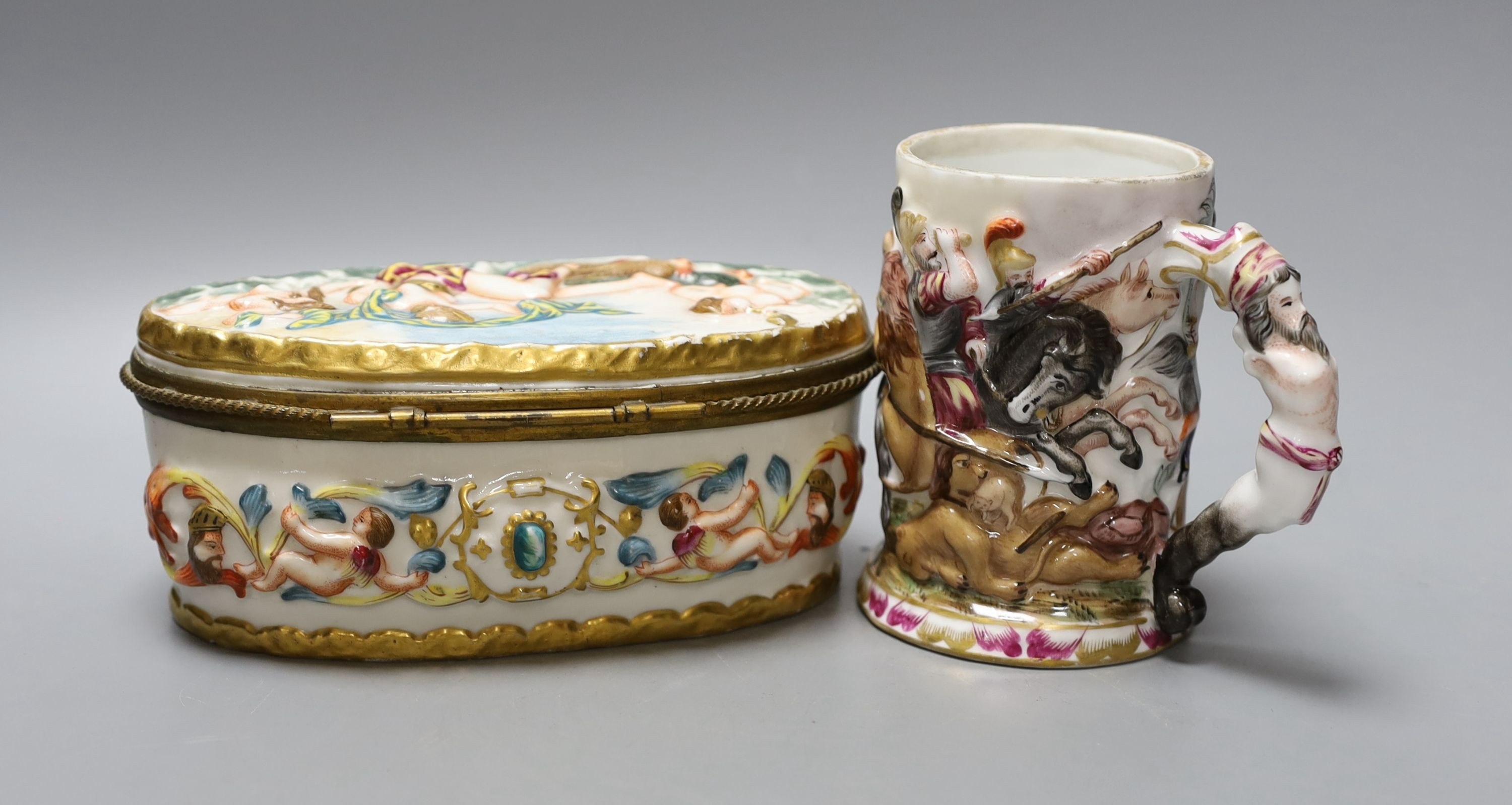 A Doccia style porcelain mug and similar oval casket 18cm